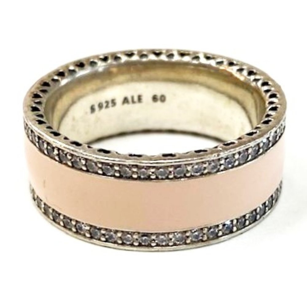 Pandora Soft Pink Enamel & CZ Sterling Ring / Sz 9